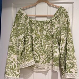 Nicole Miller Green and White Paisley Off-Shoulder Top